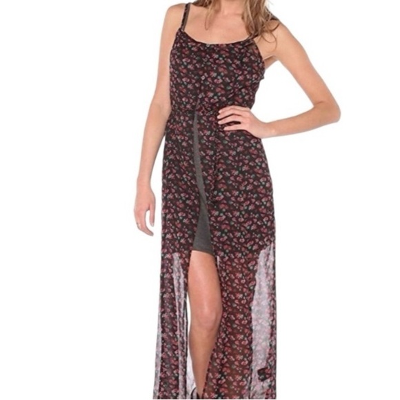 Volcom black red sheer floral rose cape top party dress vacation pool cover up - Picture 2 of 15